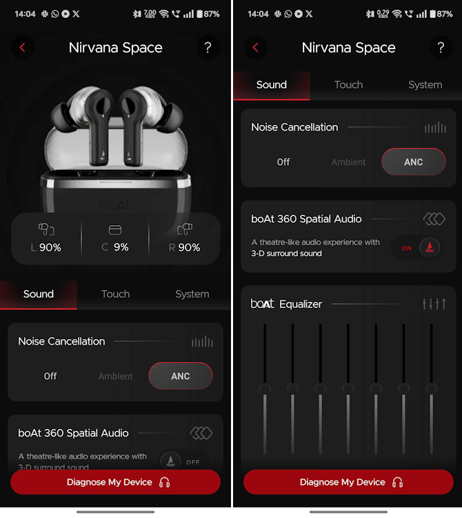 boAt Nirvana Space home screen and Spatial Audio