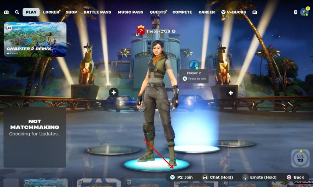 click p2 option in lobby for splitscreen in fortnite