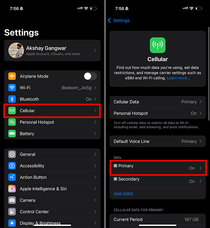 iPhone cellular mobile data settings page