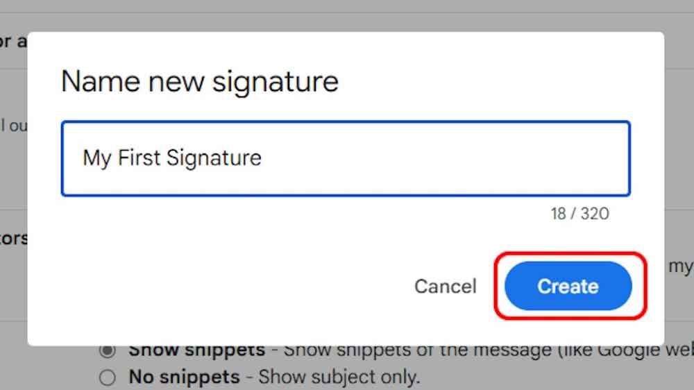 name of your signature and create button