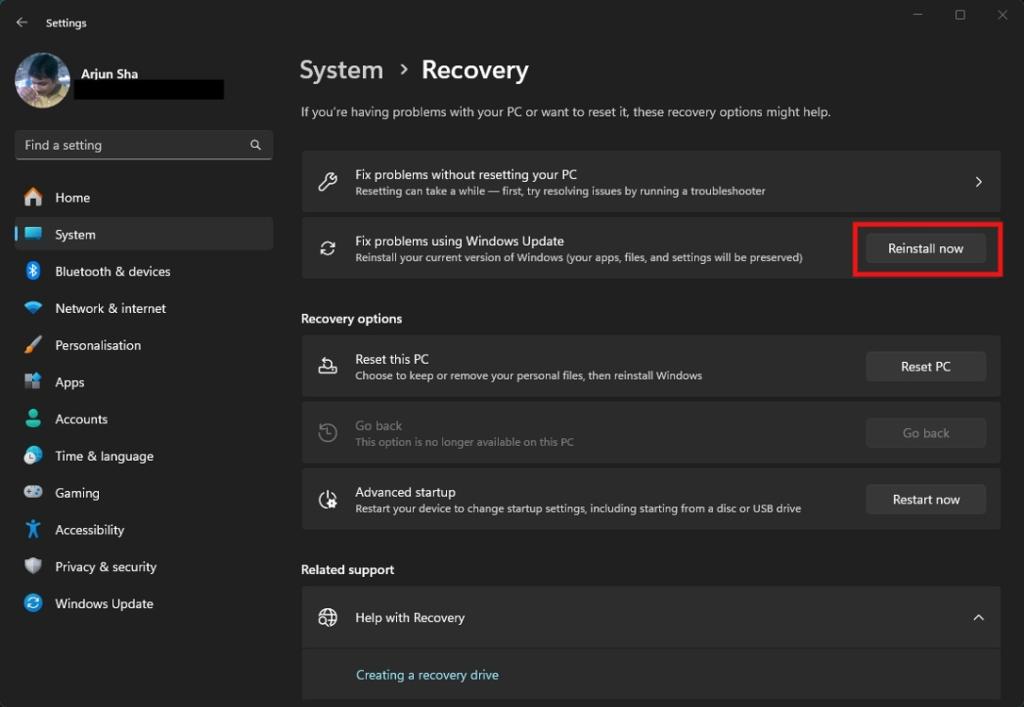 recovery menu in windows 11 settings