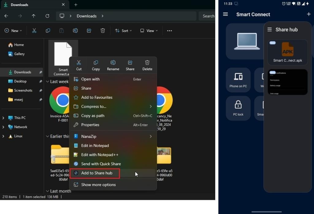 Smart Connect Share Hub in the Windows context menu