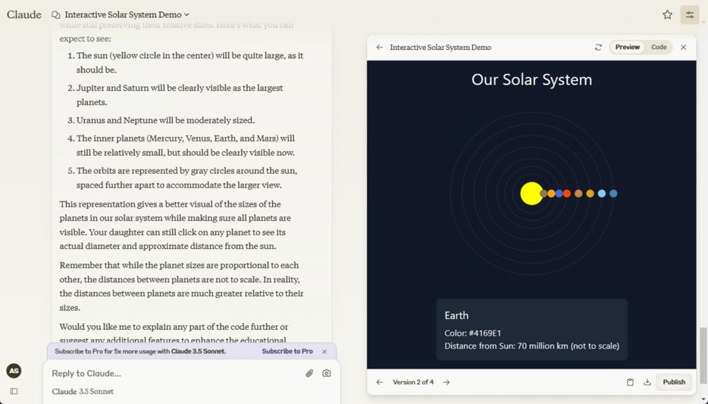 solar system demo created by claude artifacts