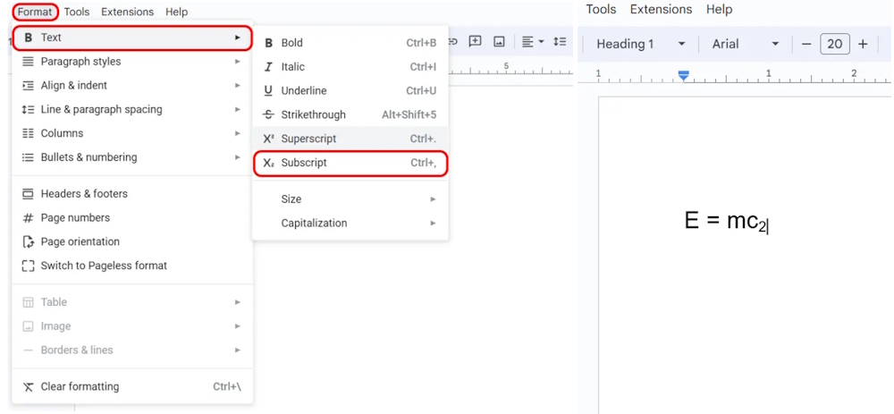 subscript in google docs
