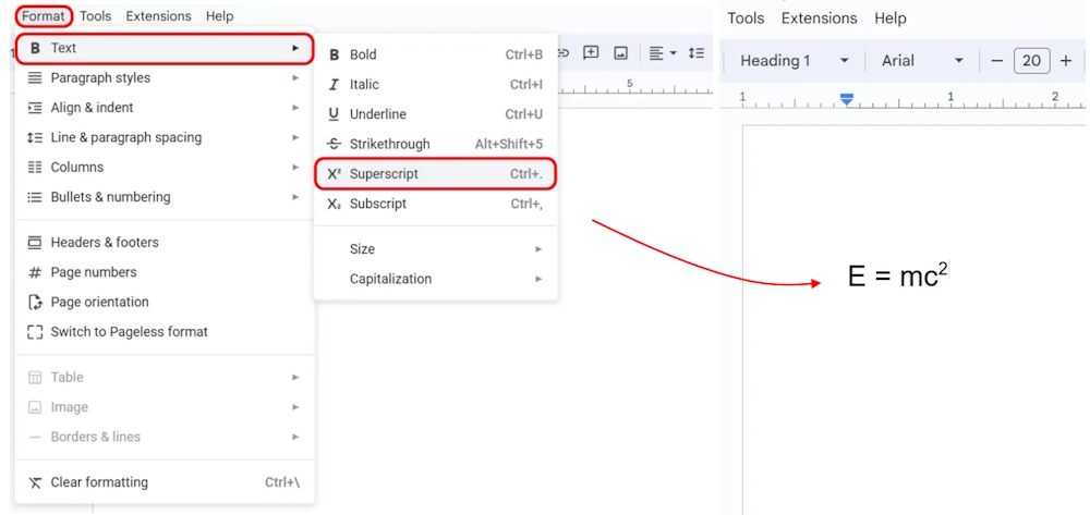 superscript in Google docs