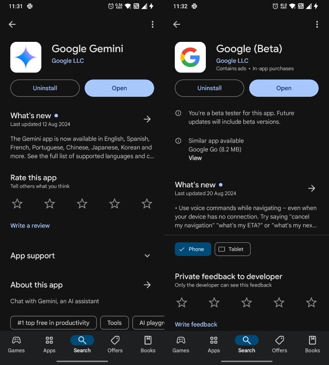 update gemini and google app on play store