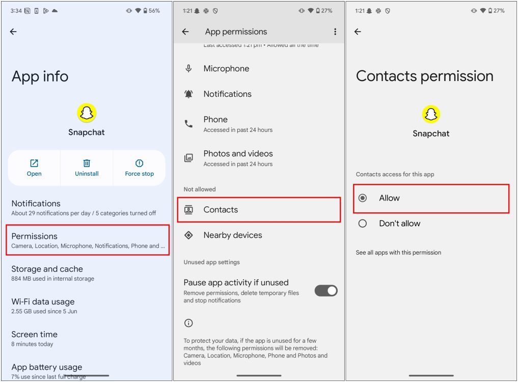 Allow Contact Permission to Snapchat