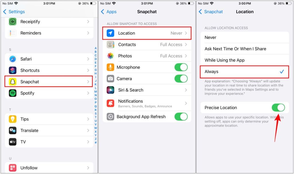 Allow location Access Snapchat iPhone