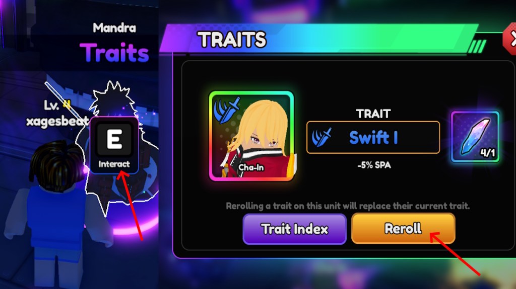 Anime Vanguards Trait reroll menu