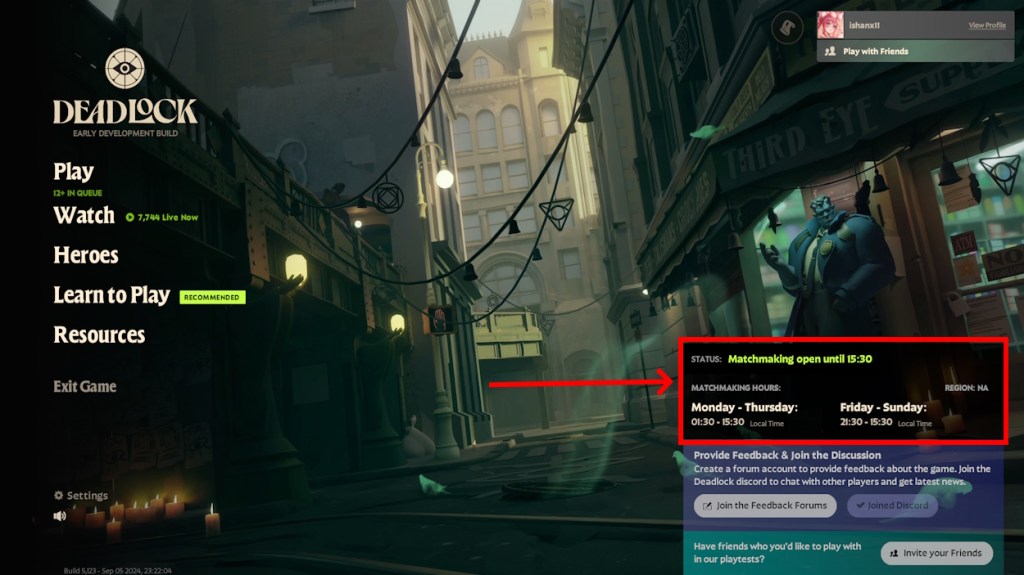 Deadlock Matchmaking Hours local time in Main Menu