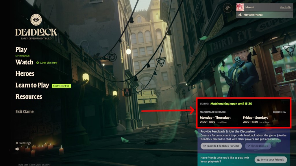 Deadlock Matchmaking Hours local time in Main Menu