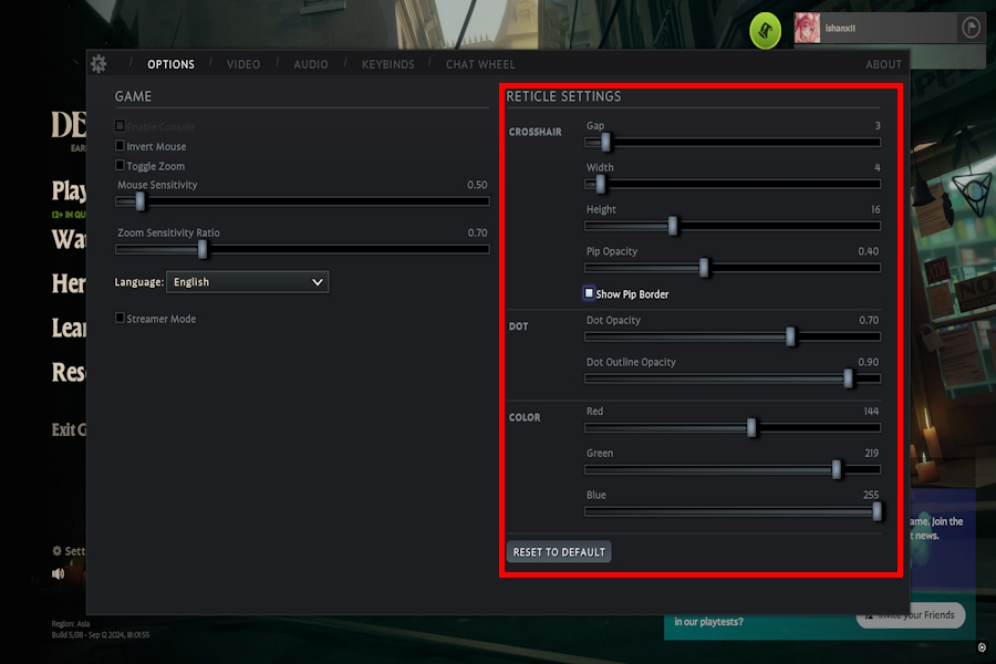 Deadlock Reticle settings option