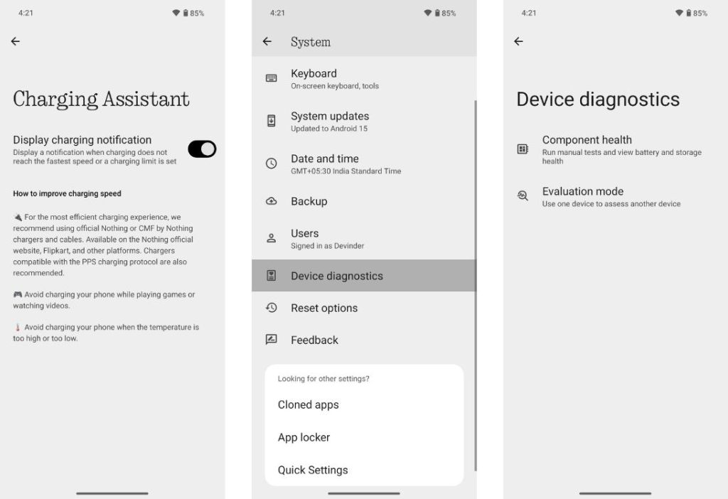 Device diagnostics and charging assistant