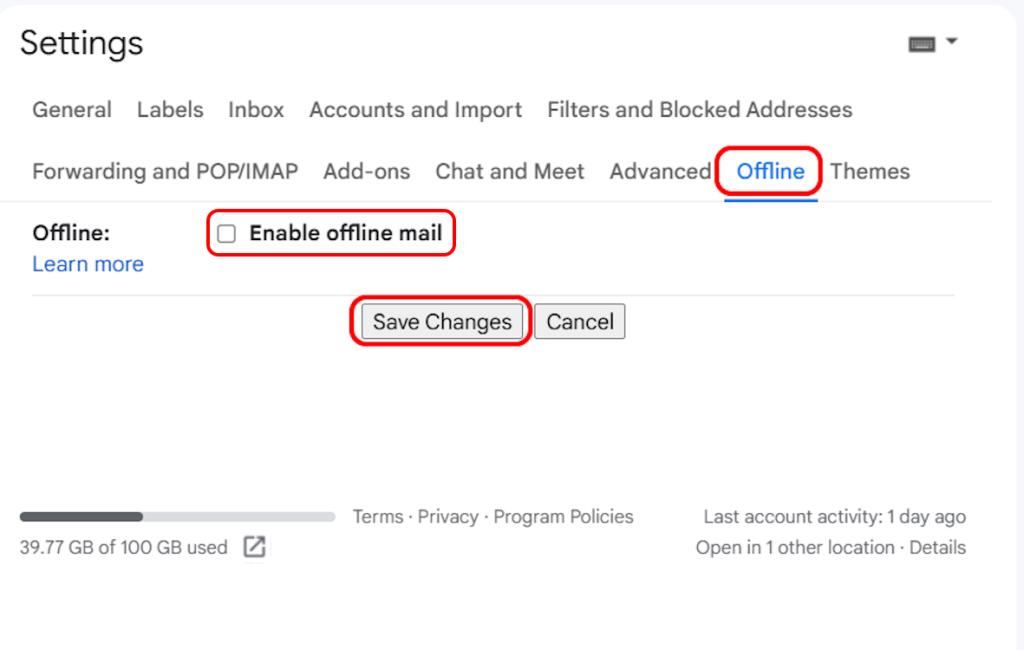 Disabling offline mode on Gmail web