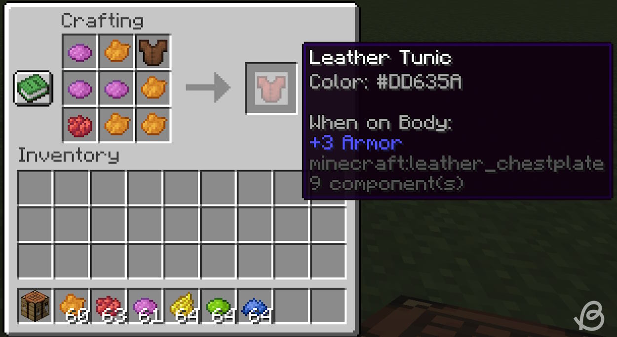 Dying leather armor on Java edition in a crafting grid with lots of dyes