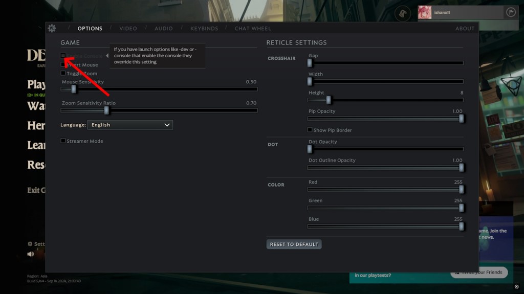 Enable console when stuck
