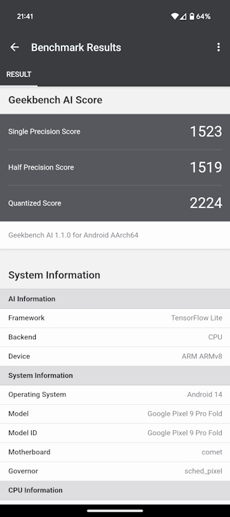 Geekbench AI score Pixel 9 Pro Fold