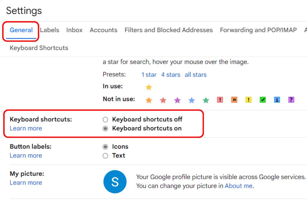 Gmail General Settings Keyboard shortcuts