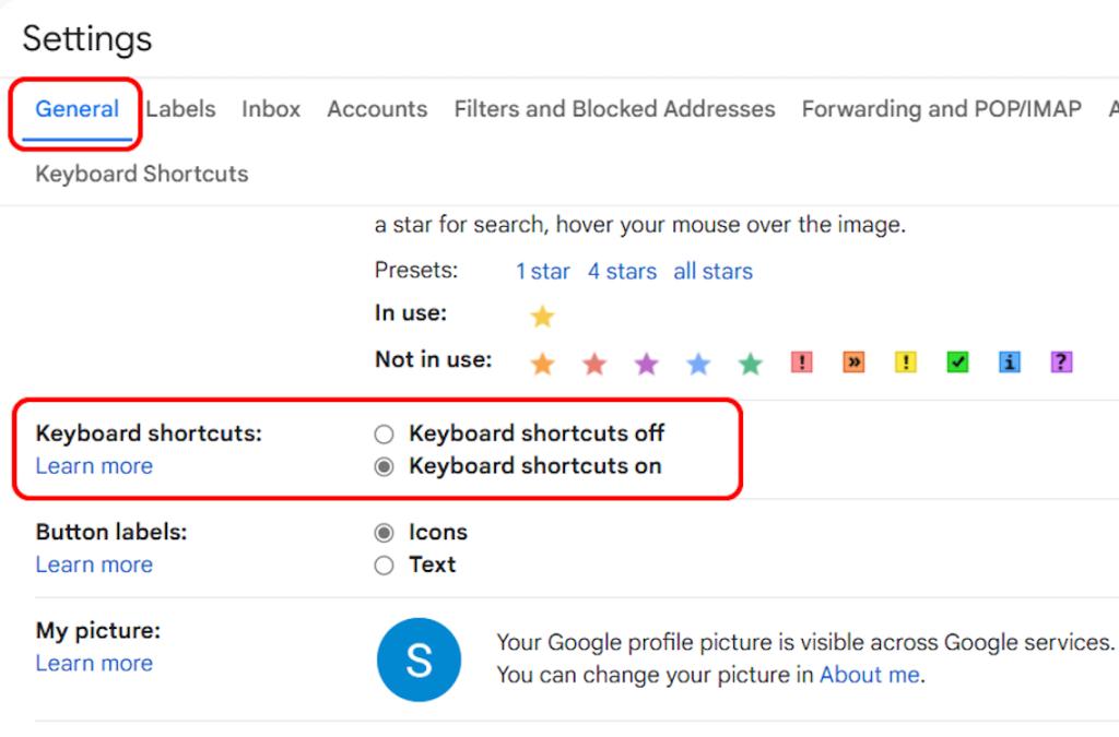 Gmail General Settings Keyboard Shortcuts
