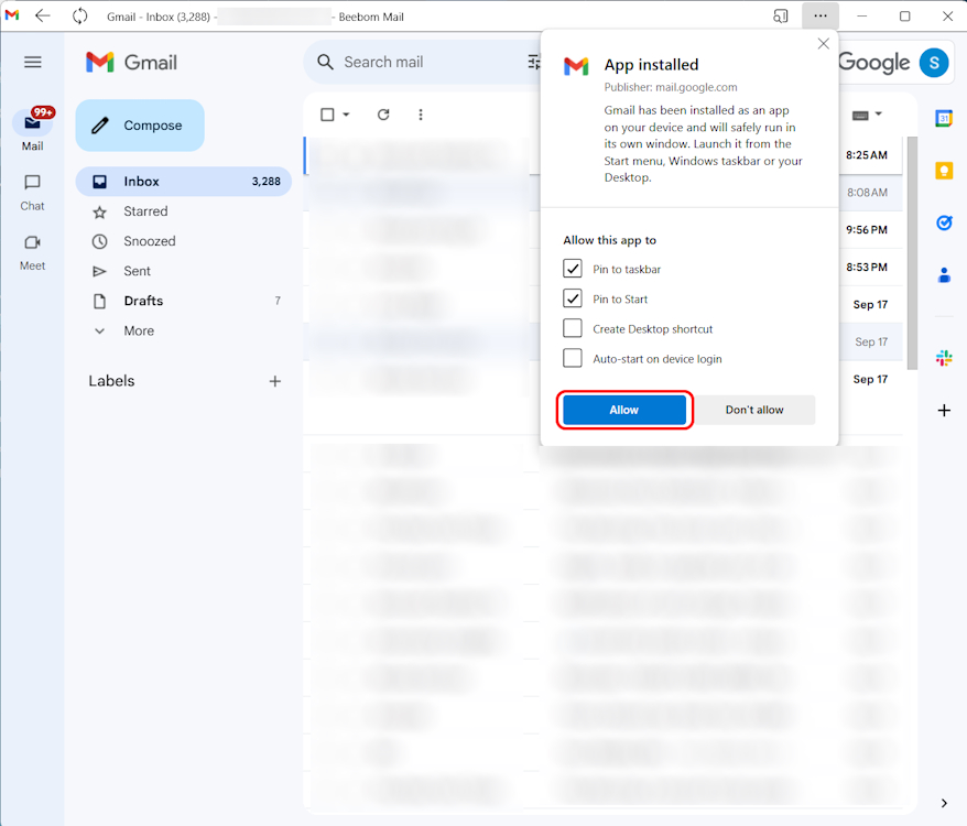 Gmail as web app Edge allow permissions