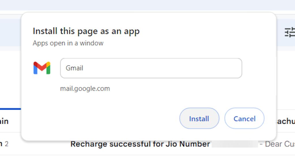 Install Gmail page as app confirmation window