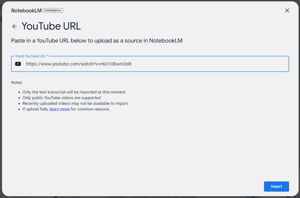Insert YouTube video as link in NotebookLM