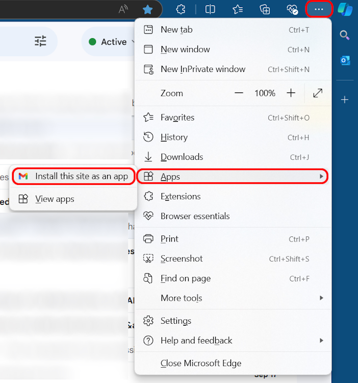 Install Gmail web as app Edge