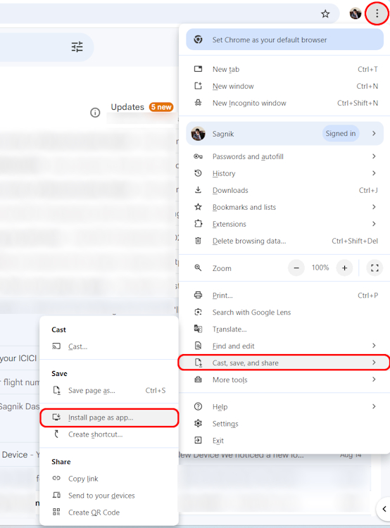 Install page as app Gmail option on Chrome