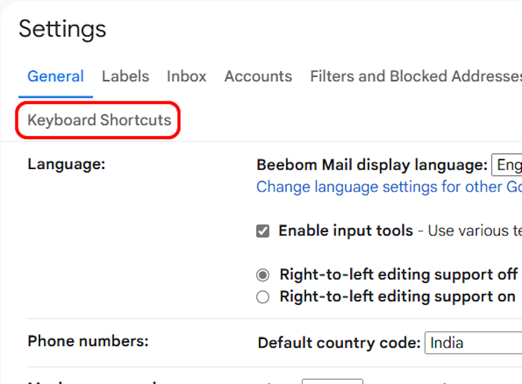 Keyboard Shortcuts panel on Gmail