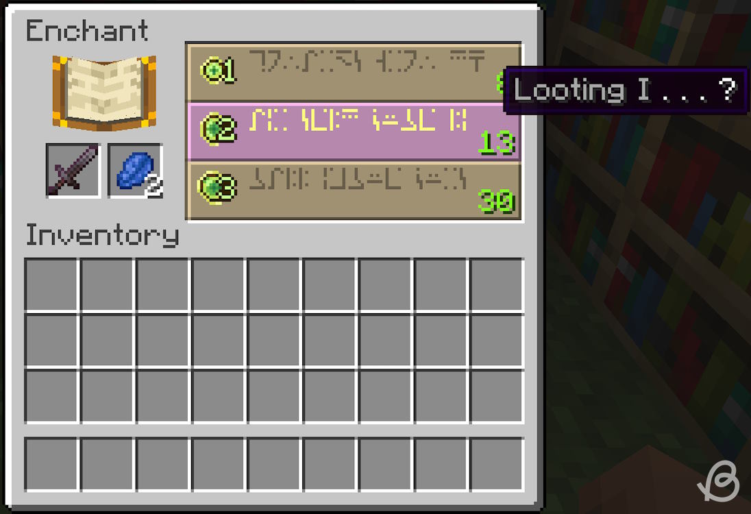 Looting enchantment appearing in the enchanting table