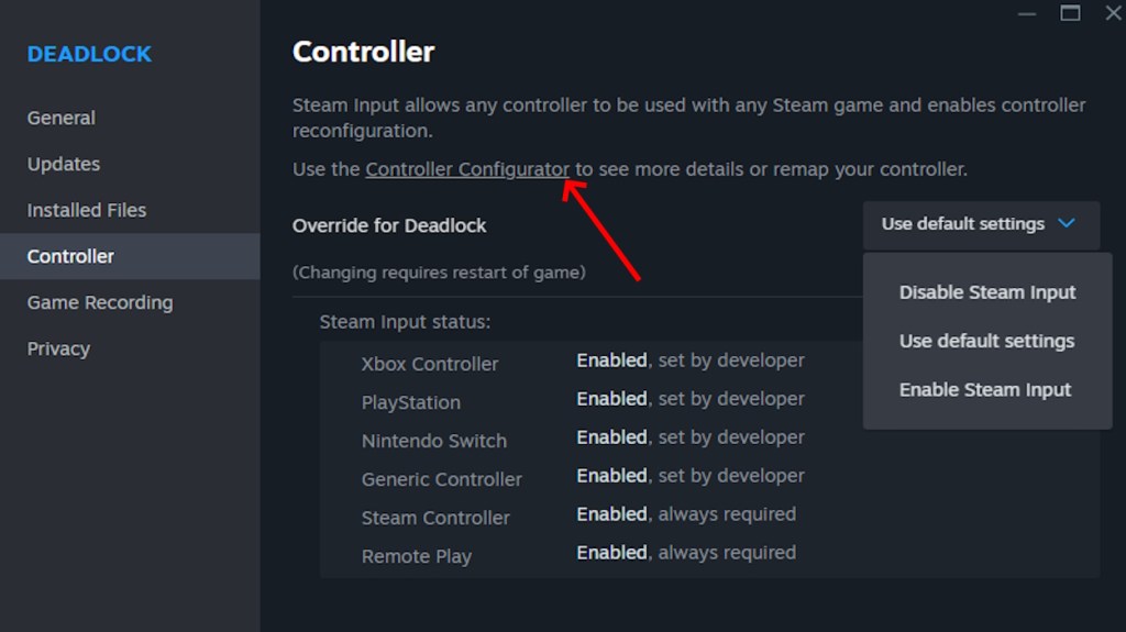 Mapping buttons of Controller support in Deadlock option