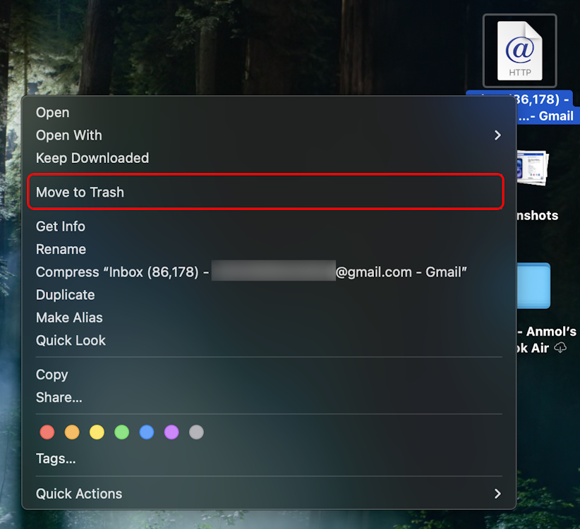 Move desktop Gmail shortcut app to Trash on Mac