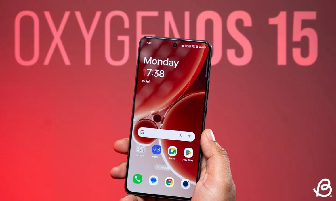 OnePlus phone in front of a red background with OxygenOS 15 text at the top