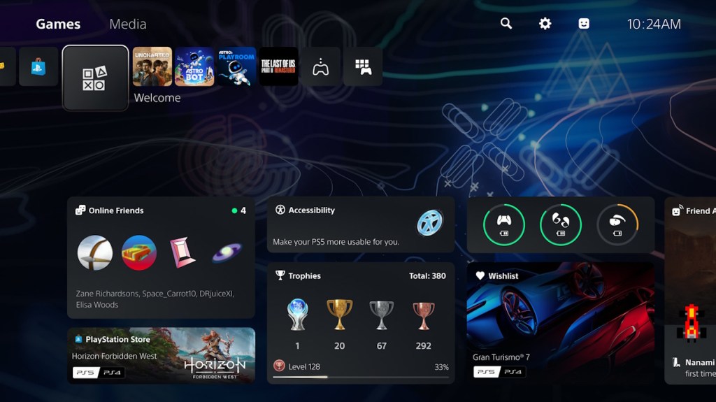 PS5 Welcome Hub with custom widgets