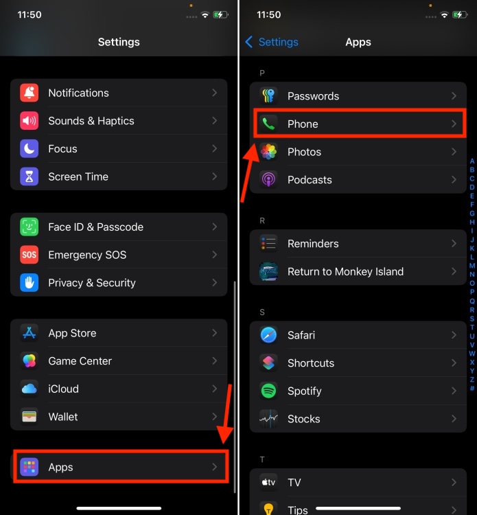 Phone app in iPhone Settings