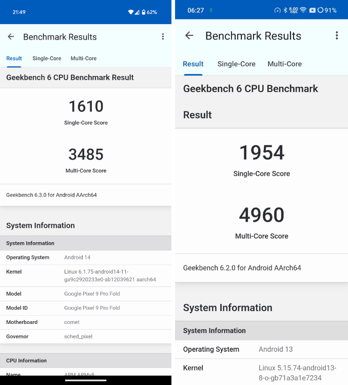 Pixel 9 Pro Fold vs OnePlus Open Geekbench