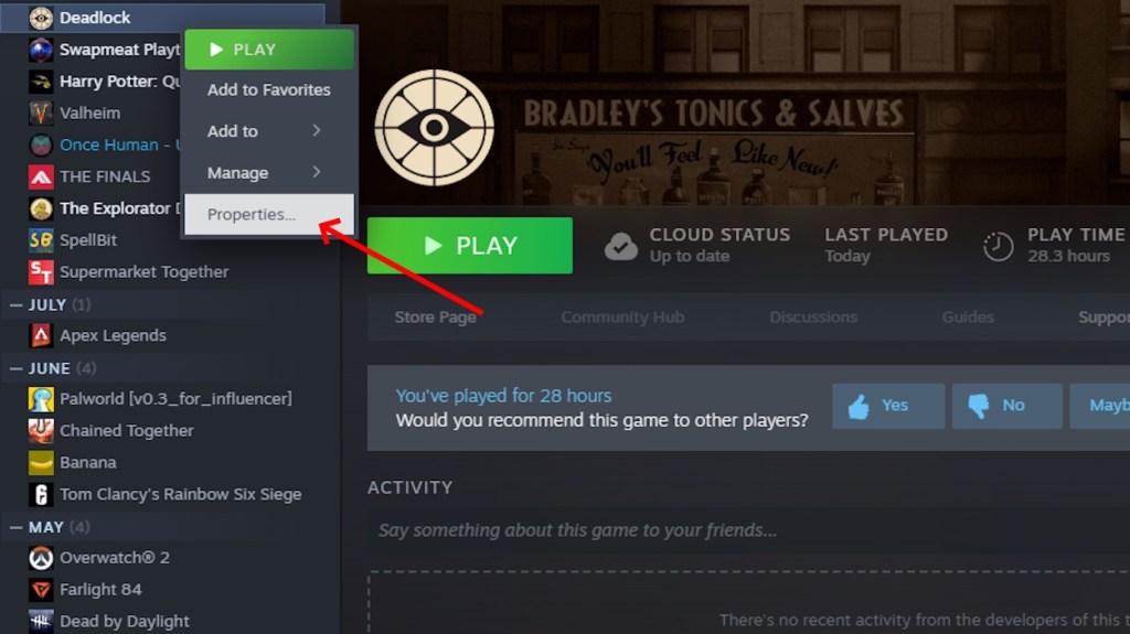 Properties in Deadlock Steam Menu