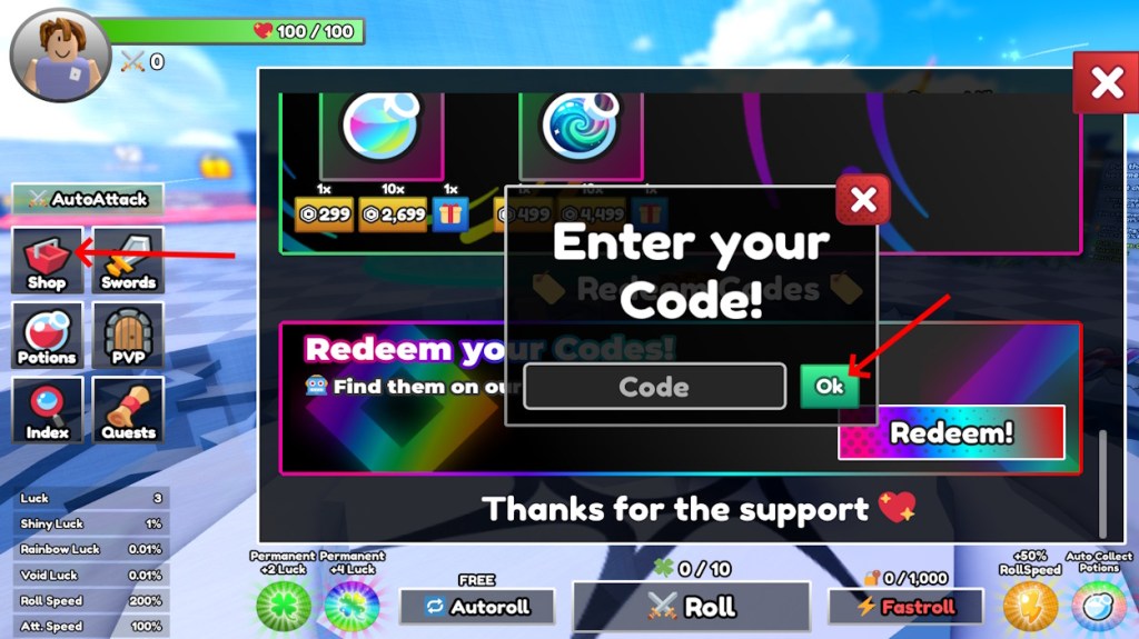 Redeem codes for Dungeon RNG