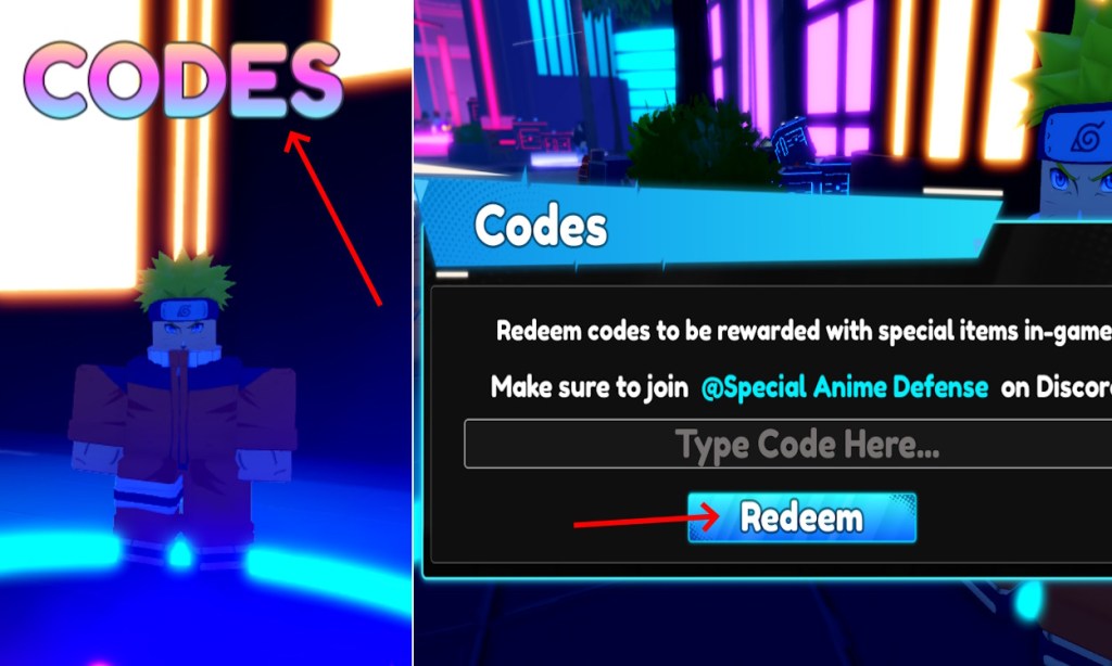 Option to redeem codes in Special Anime Defense