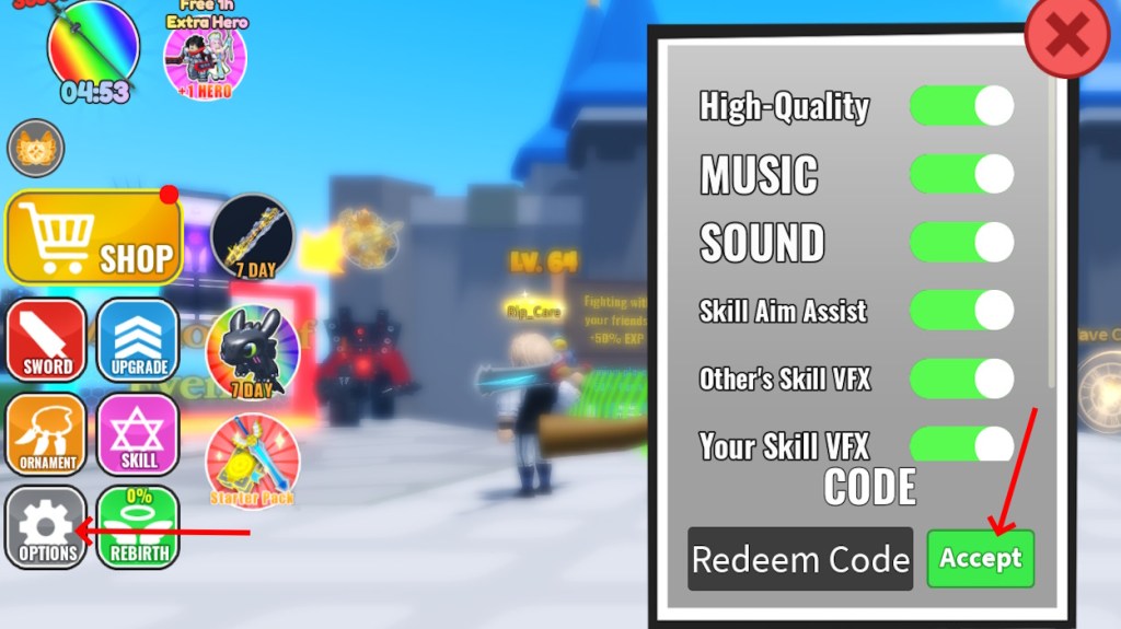 Code Redemption Option in Sword Warriors