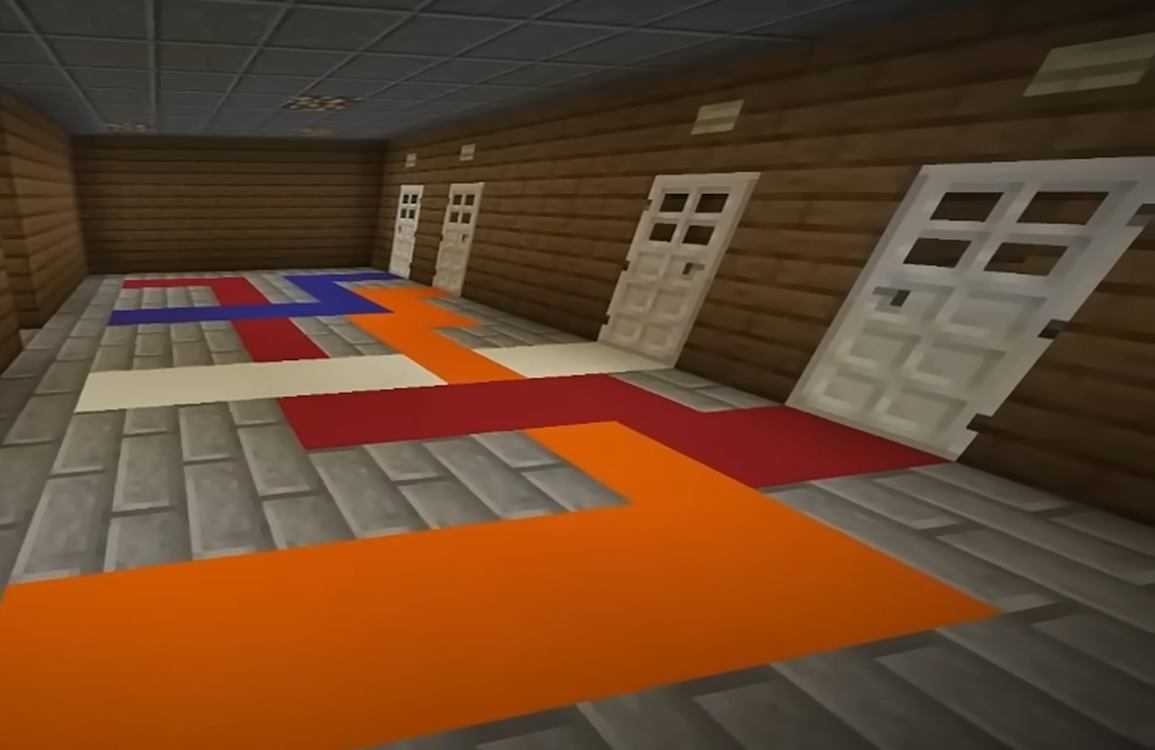 Four mysterious doors in a Minecraft escape room