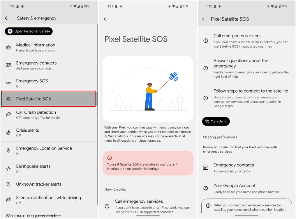 Satellite SOS Android 15