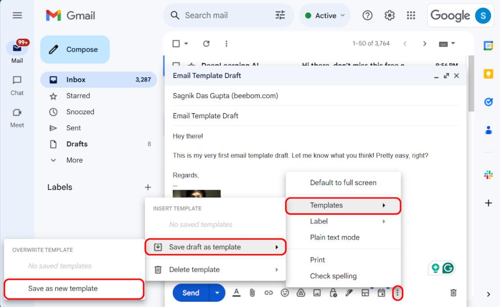 Save as new template on Gmail web