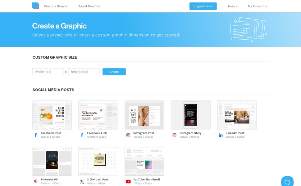 Snappa home page with templates and create graphic option