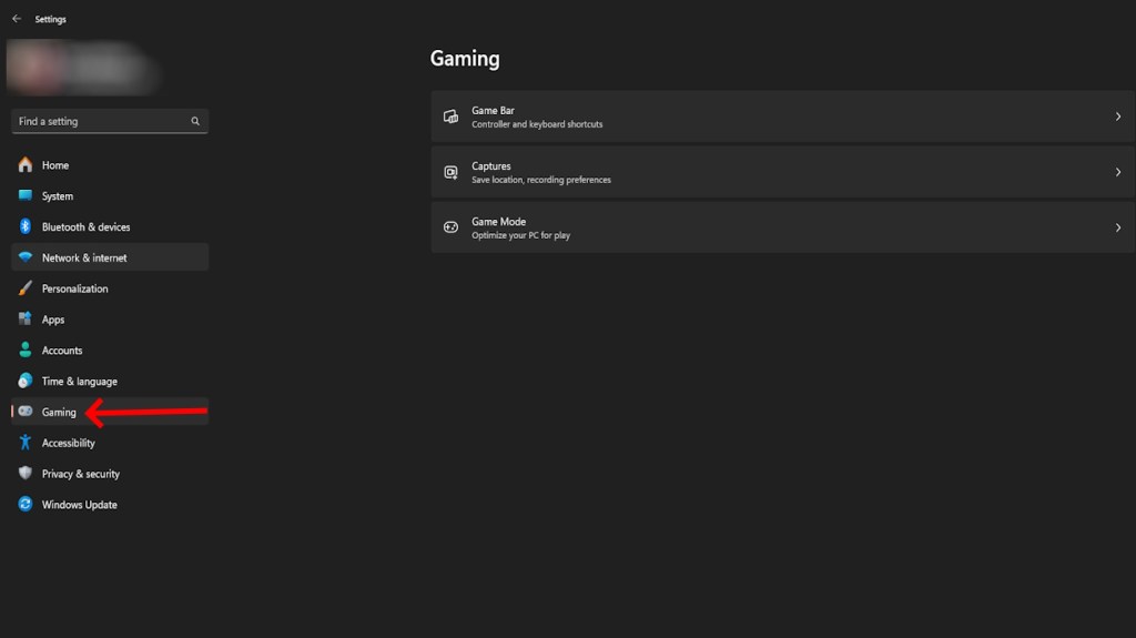 The Gaming section in Windows settings