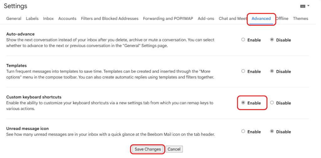 Turning on custom keyboard shortcuts Gmail
