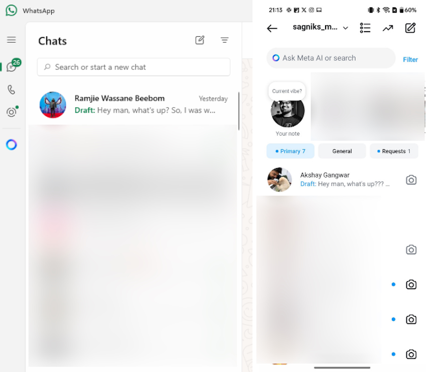 WhatsApp Message Draft on Desktop App and Instagram Save Draft Feature