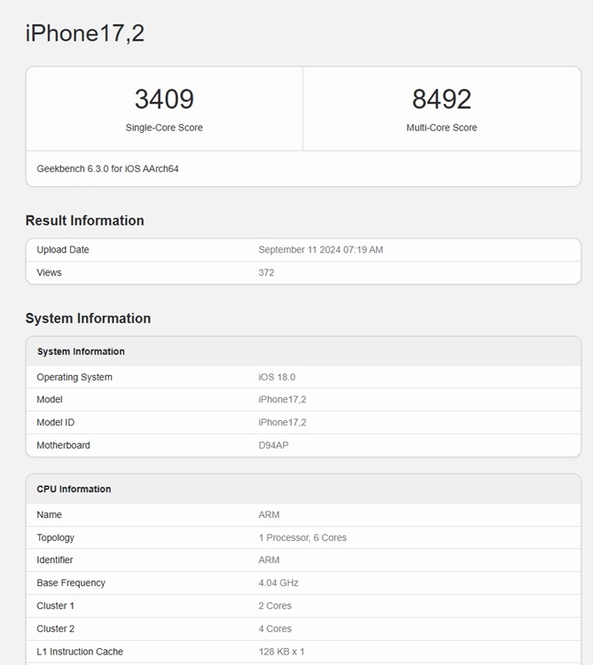 a18 pro geekbench score