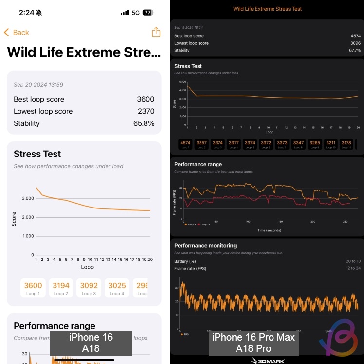 a18 vs a18 pro 3dmark wild life extreme stress