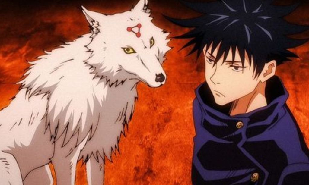 Megumi and his white divine dog in Jujutsu kaisen